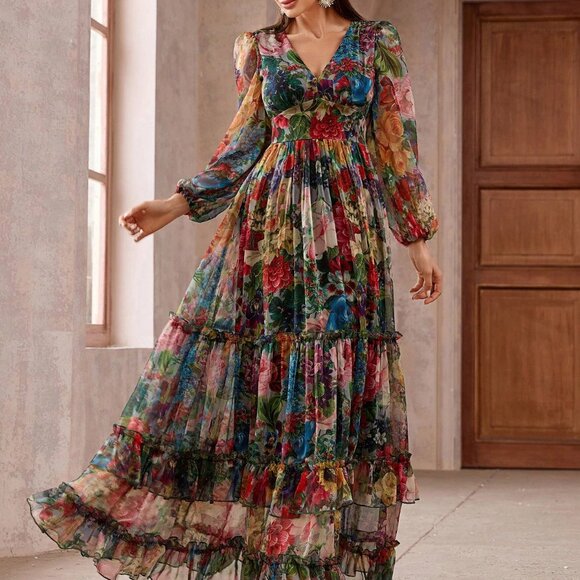 Multicolor Elegant Women's Floral Long Sleeve Frill Trim Maxi Dress - Picture 4 of 6